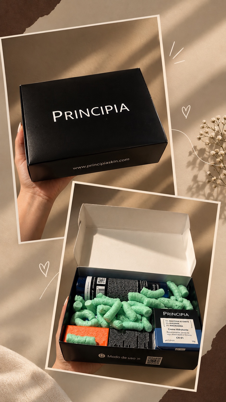 Story com a caixa da Principia fechada e depois aberta, mostrando os produtos recebidos