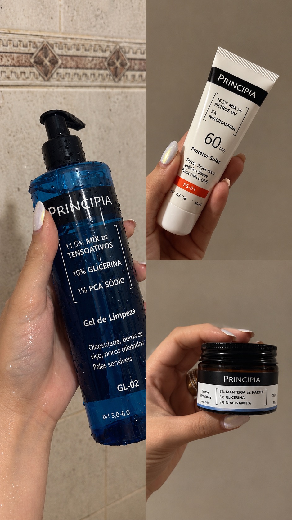 Story com gel de limpeza, protetor solar FPS 60 e creme hidratante da Principia